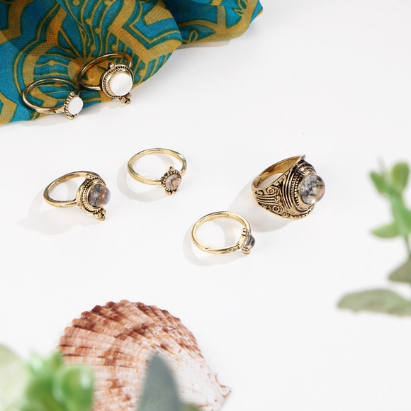 6 Boho Antique Gold Stackable Ring Set - Picture 5 of 7
